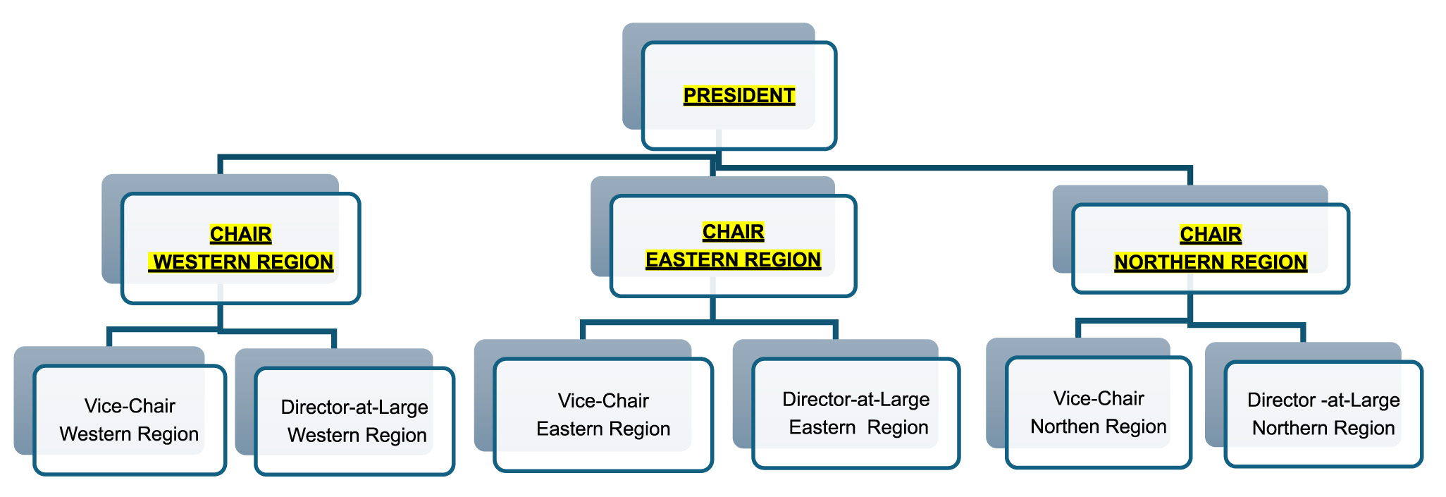 Organizational chart with squares for each role. President is at the top. Under President is Chair Eastern Region, Chair Western Region, Chair Northern Region. Under each regional chair, there's a square for Vice-Chair and Director-at-Large.