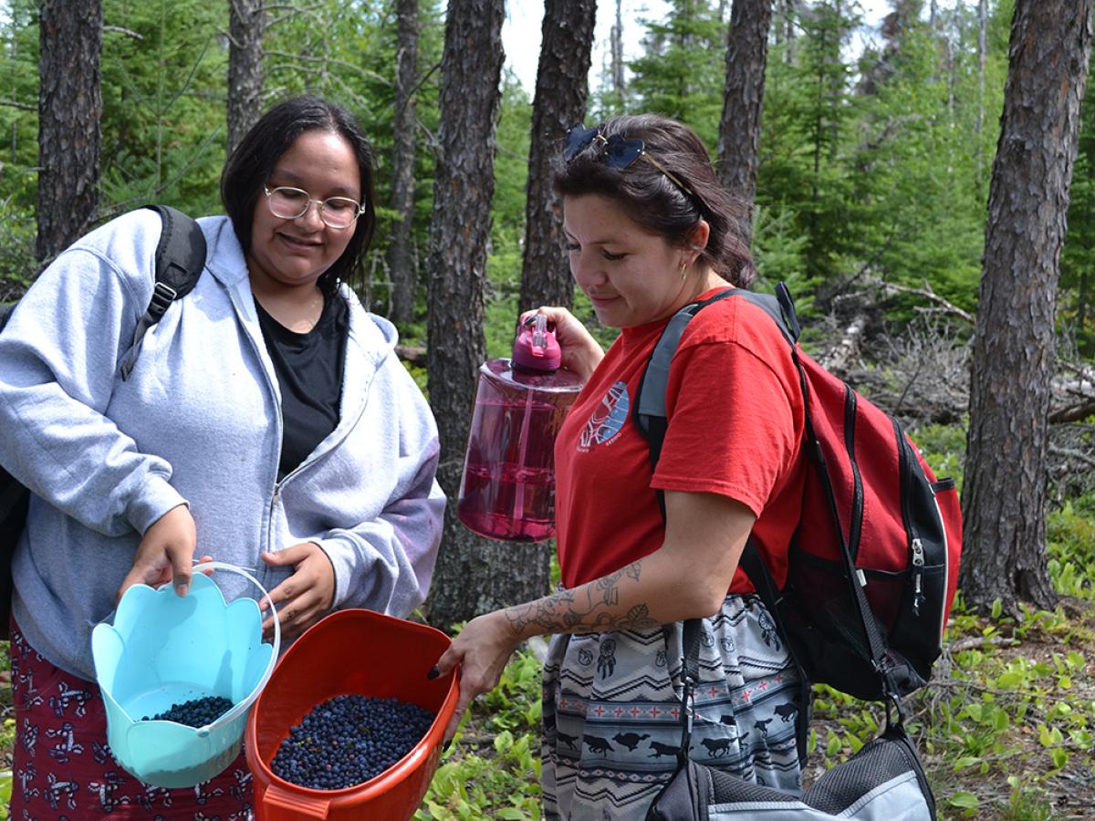Two young women hold out their buckets of blueberries with forrest in background. 