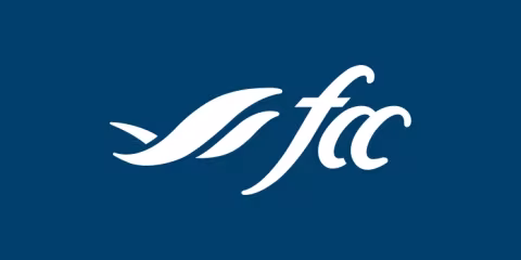 A decorative swoop and lowercase fcc in white on a dark blue background.