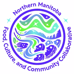 Northern Manitoba Food, Culture, and Community Collaboration in blue, around a circle with bright blue and green design representing the sky, trees, river, hands and indigenous faces. 
