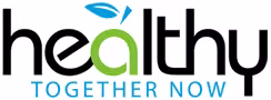 Word healthy in black lowercase, with the a in green and a blue leaf above to look like a fruit. Together Now is underneath in blue font. 